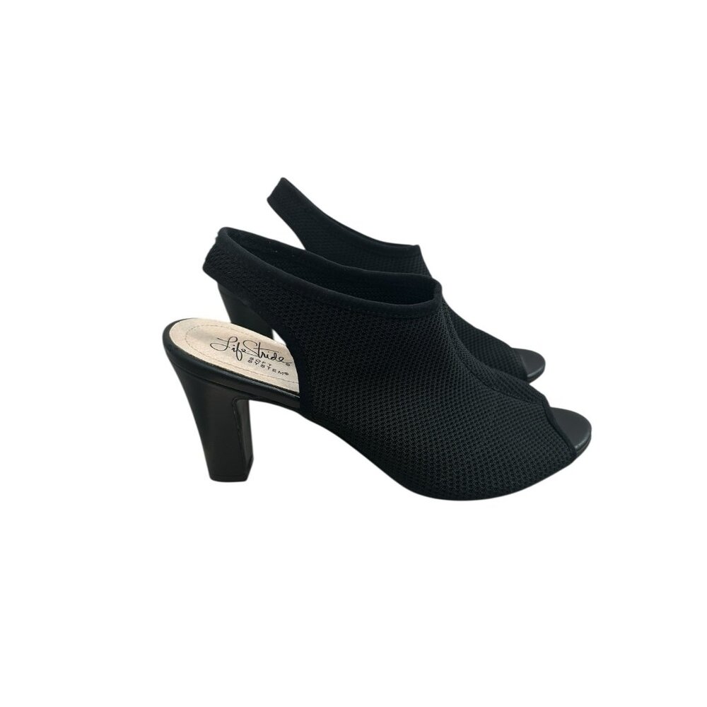 Life Stride Cailin Black Mesh Stretch High Heel Sandals Womens Sz 8 M Slingback